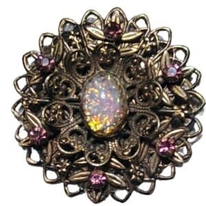 50s Mid Century Vintage  Pink Opalescent Connfetti Aurora Borealis Gold Brooch